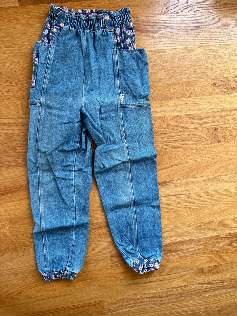Vintage Gitano girls 14  Floral-Trim Denim Jogger Pants - Blue